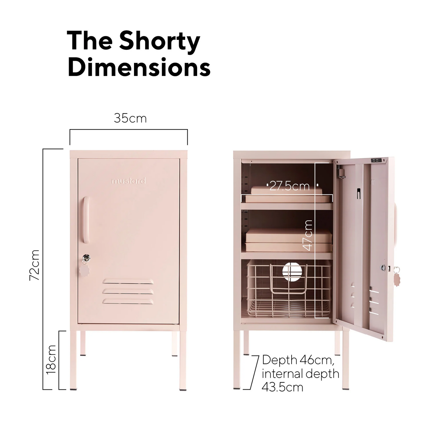 Dimensions of a pink locker with adjustable shelves on a white background