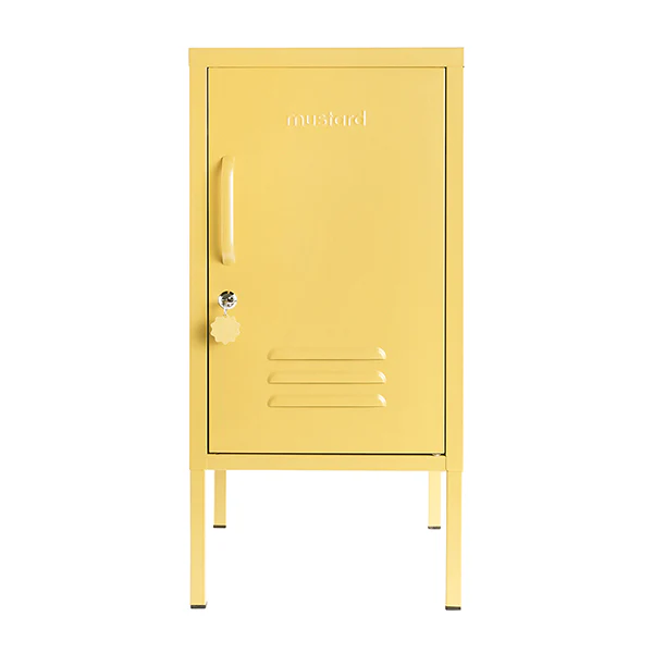 Yellow locker with a visible brand name on a white background