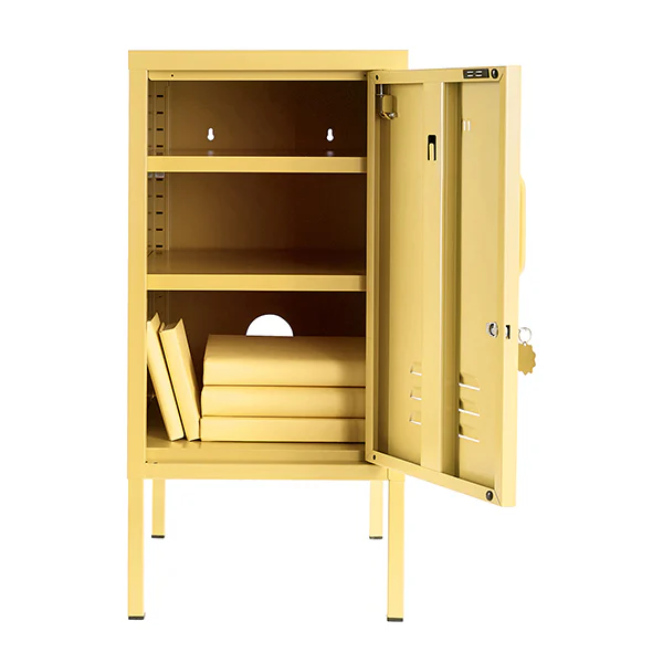 Yellow storage cabinet with open doors on a white background
