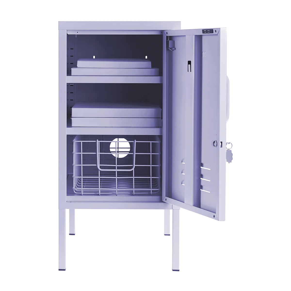Metal cabinet with open doors on a white background