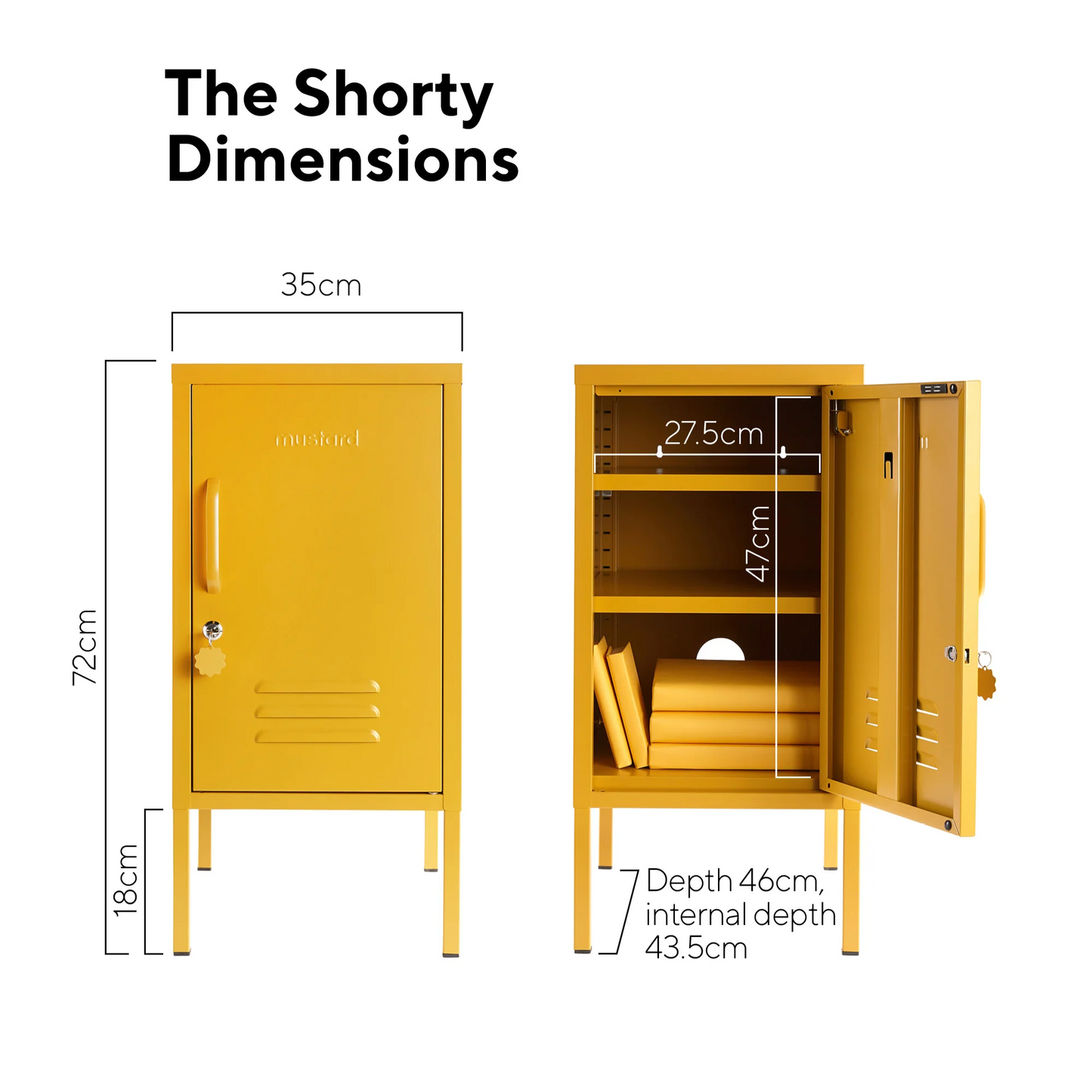 Yellow locker with dimensions labeled on a white background