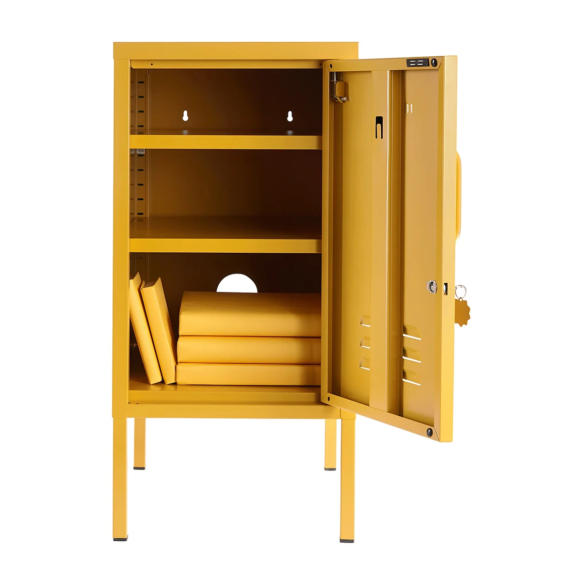 Yellow metal storage cabinet with open doors on a white background