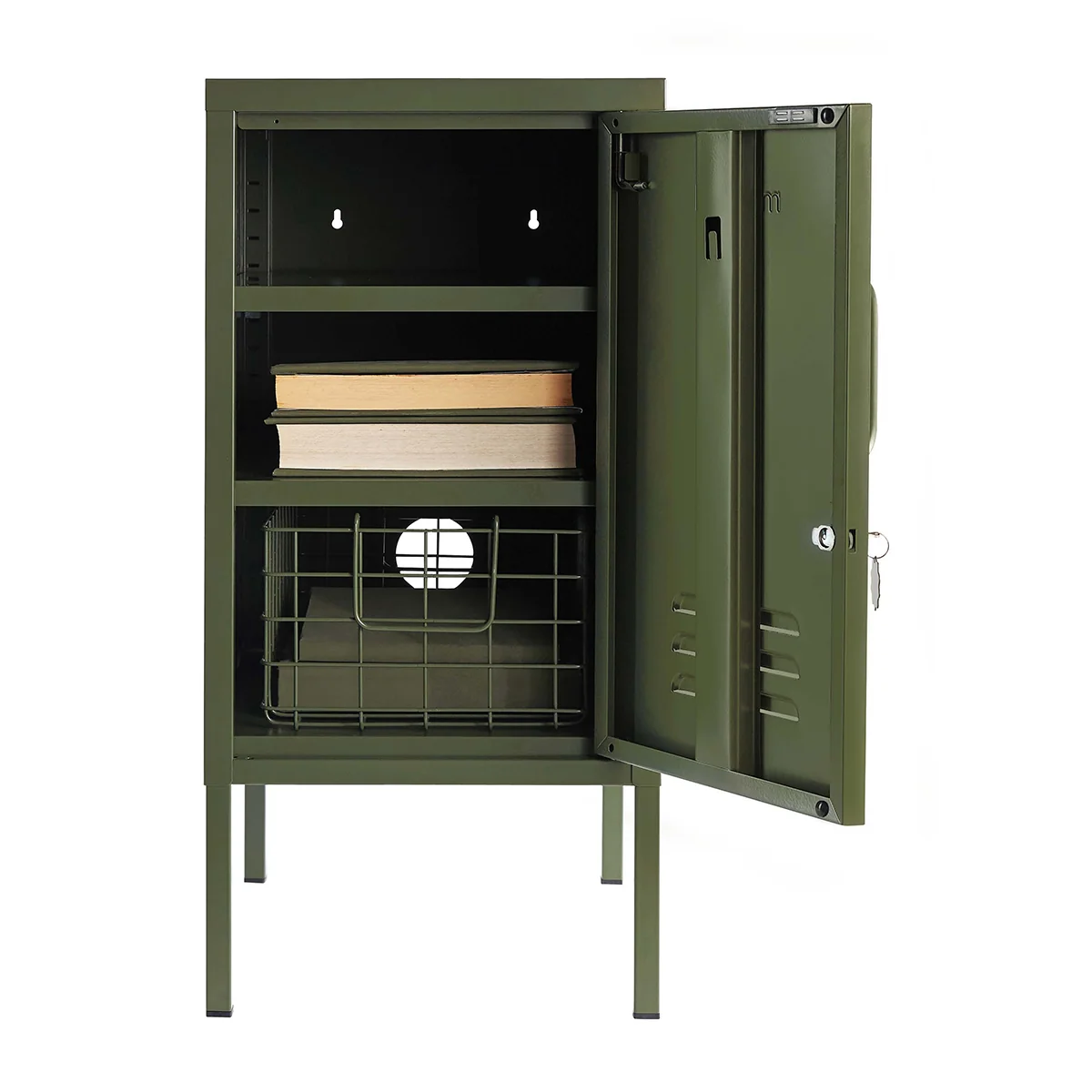 Green metal locker with open door on a white background