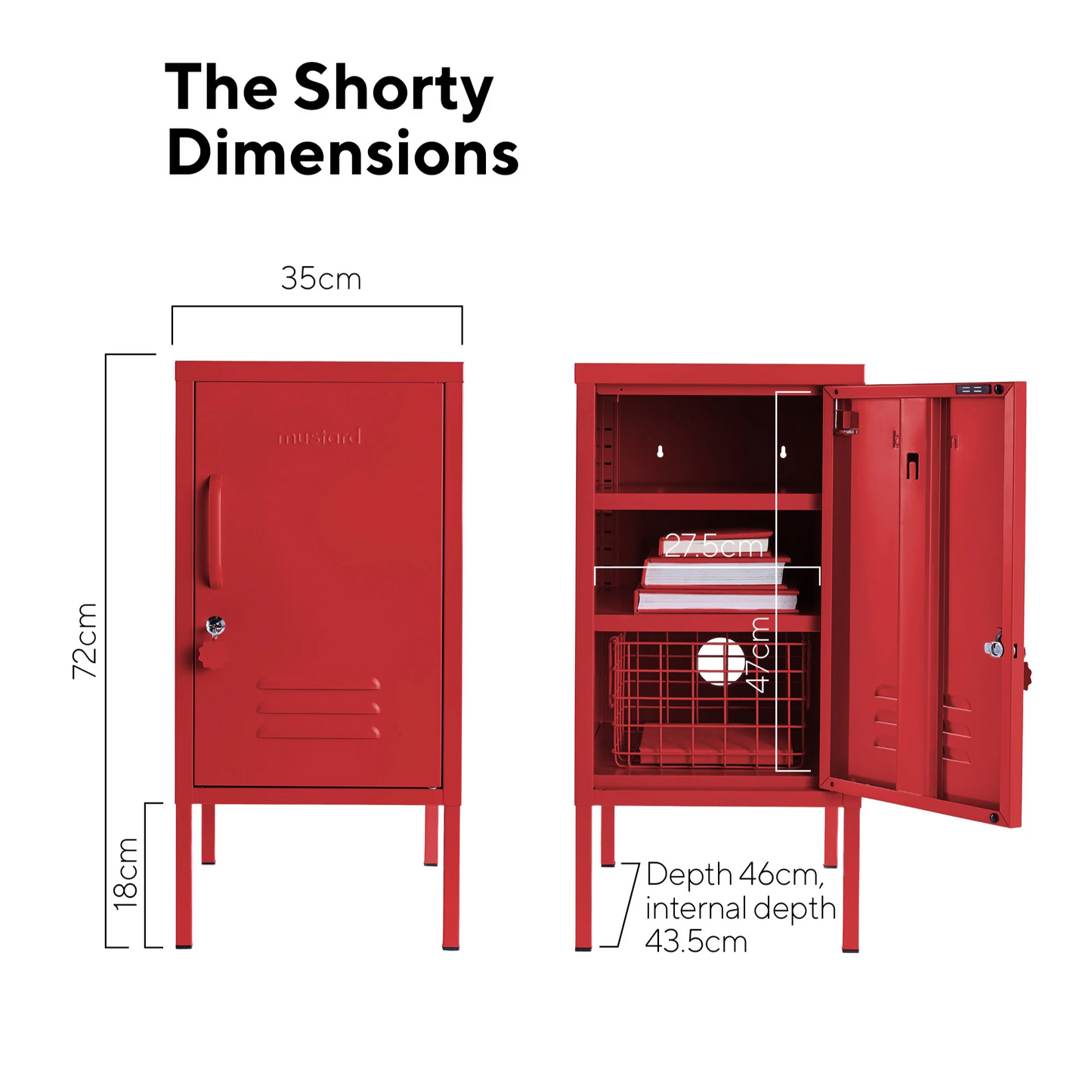 Red locker with dimensions labeled on a white background
