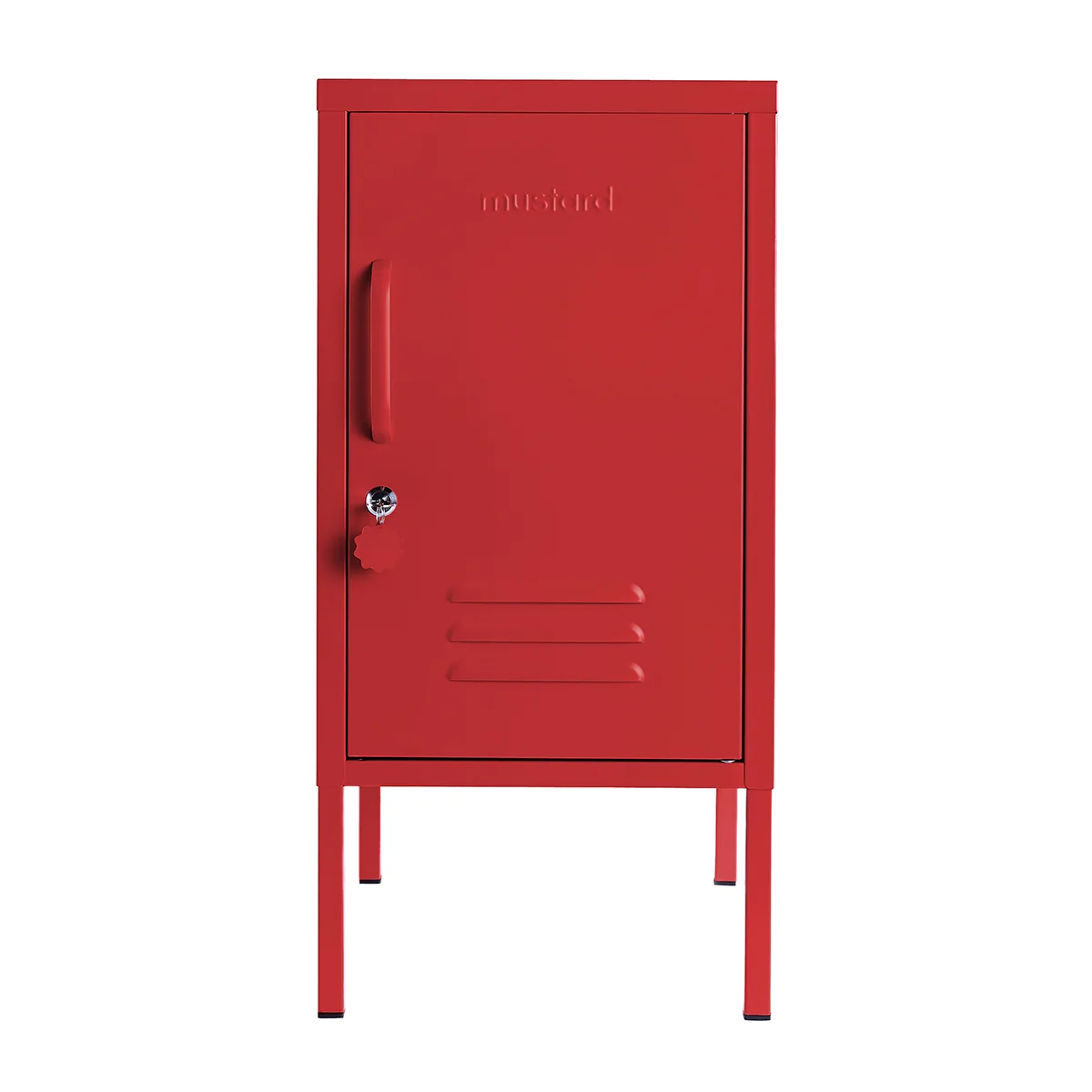 Red metal locker with a handle on a white background