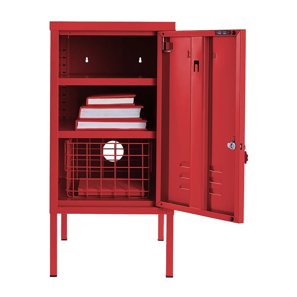 Red locker with open door showing books and a basket inside on a white background