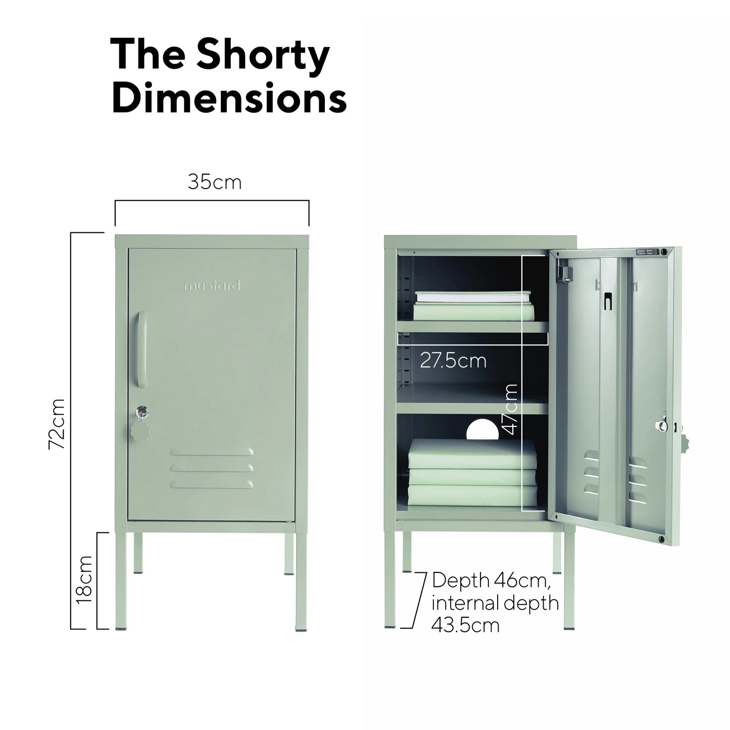 Dimensions of a green locker with text indicating dimensions and features.