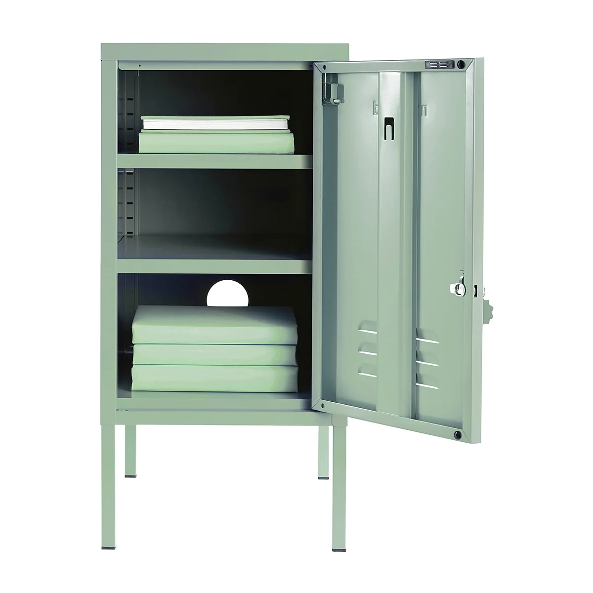 Green metal locker with open door on a white background