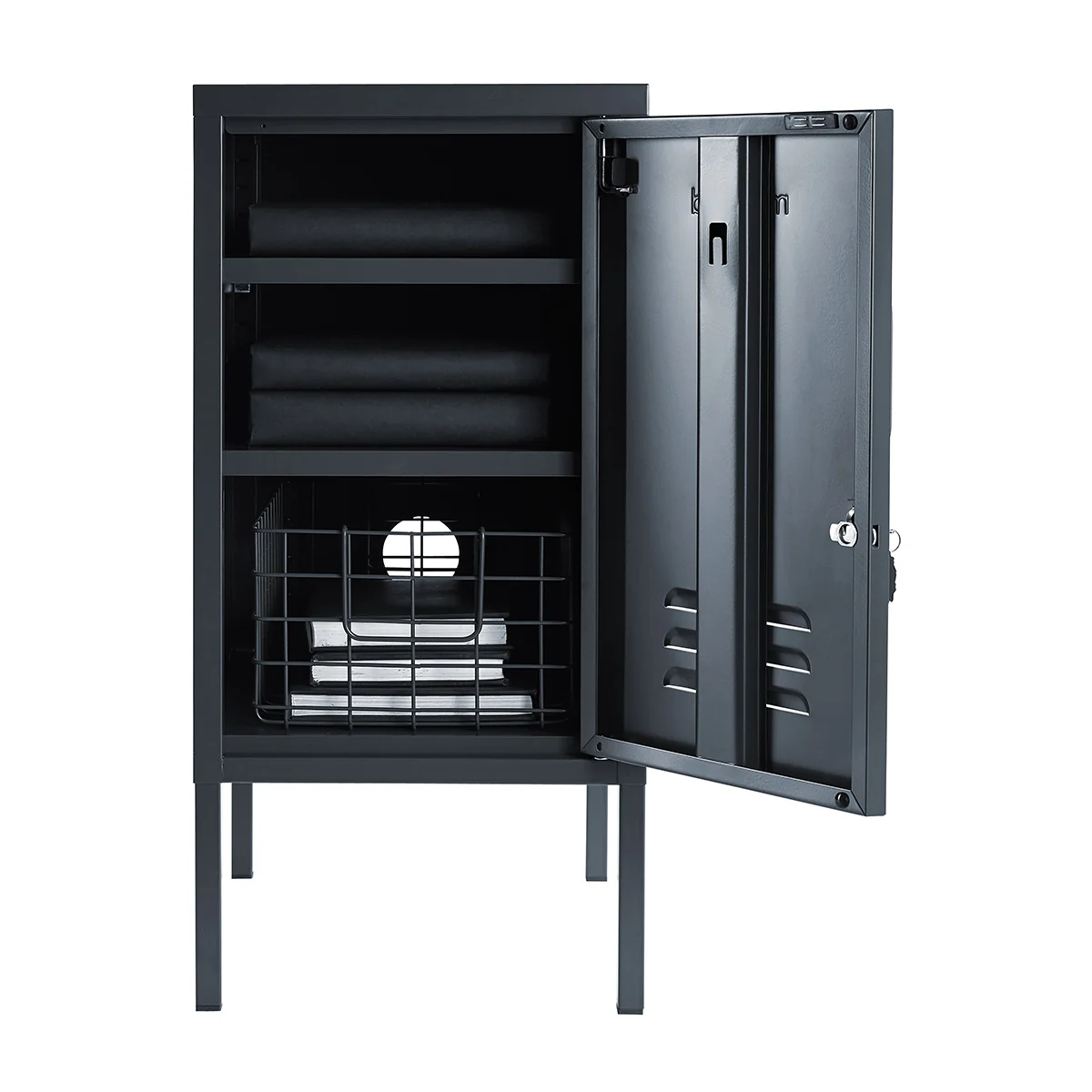 Black metal locker with open door on a white background