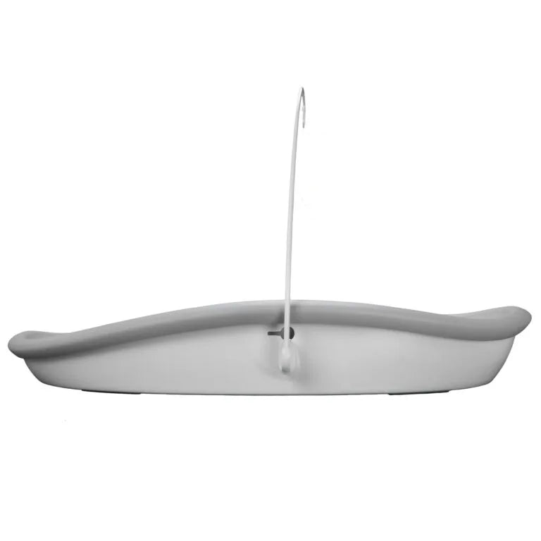 Grey changing pad with a hook on a white background