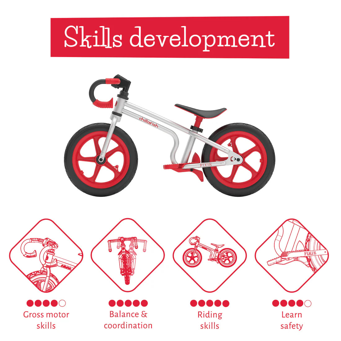 Children's balance bike with icons indicating skills development on a white background