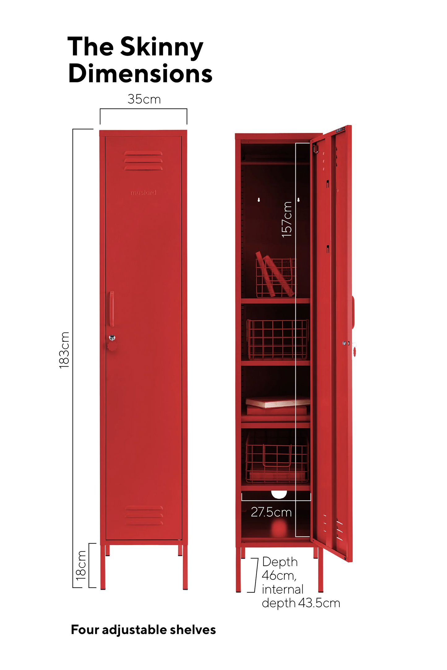 Red locker with dimensions labeled on a white background