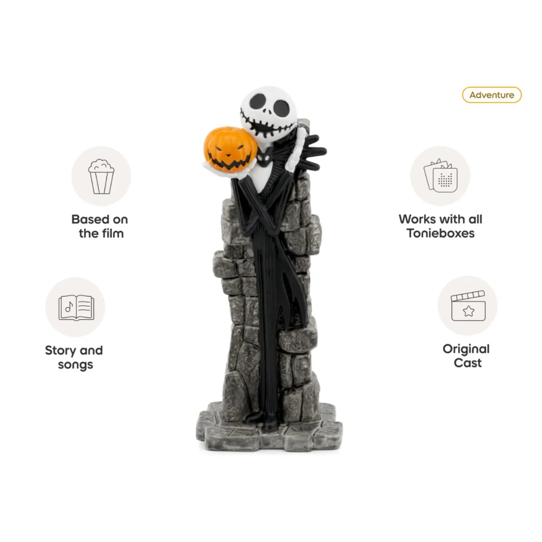 Skeleton figure with pumpkin head on a stone pedestal, featuring text about Tonie product.