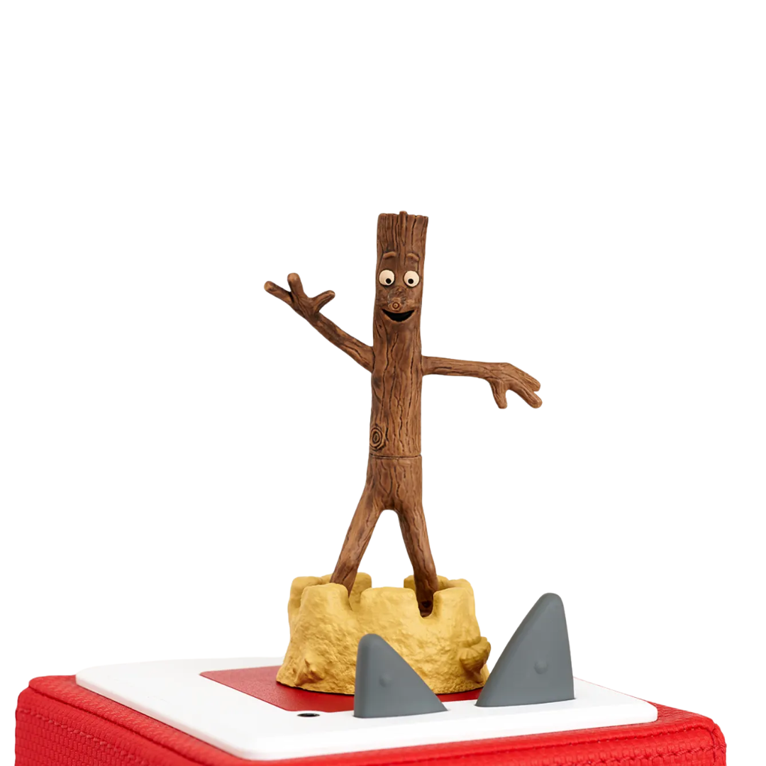 Wooden character on a red and white base with shark fins on a white background