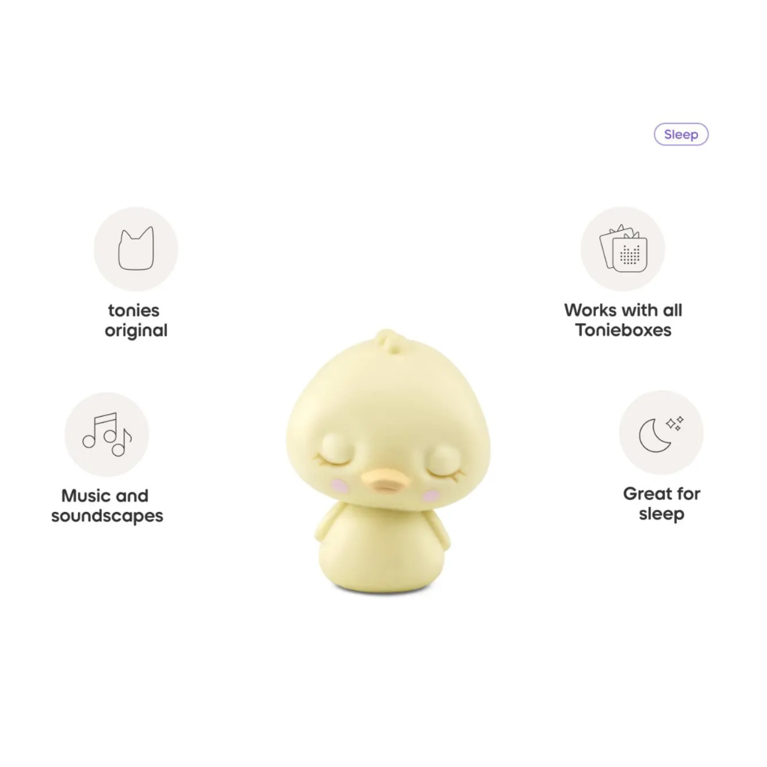 Yellow sleep aid device with features listed on a white background