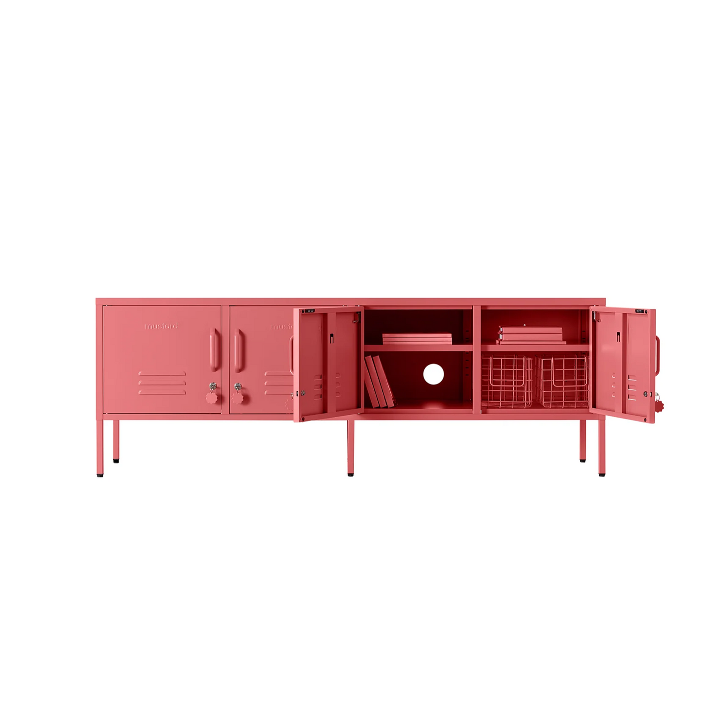 Pink sideboard with open doors on a white background