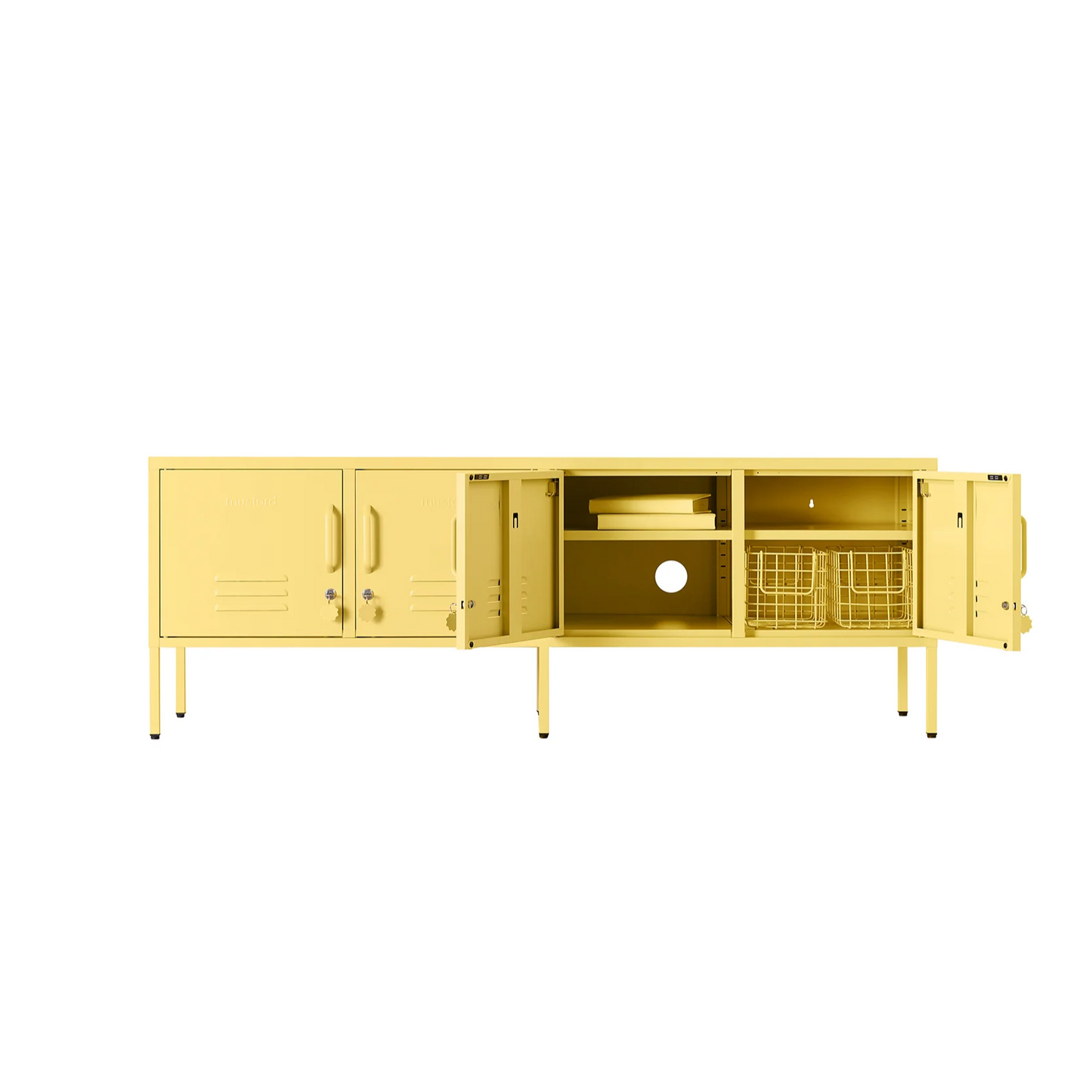 Yellow sideboard with open doors on a white background