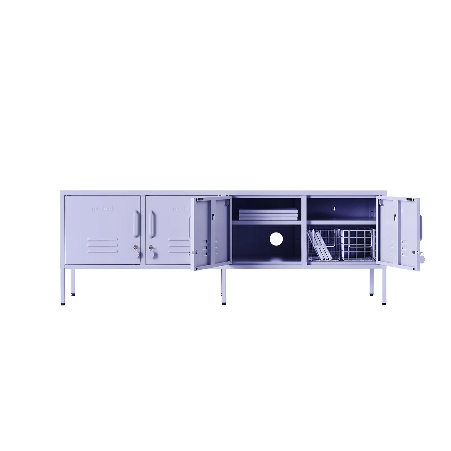 Modern storage unit with open doors on a white background