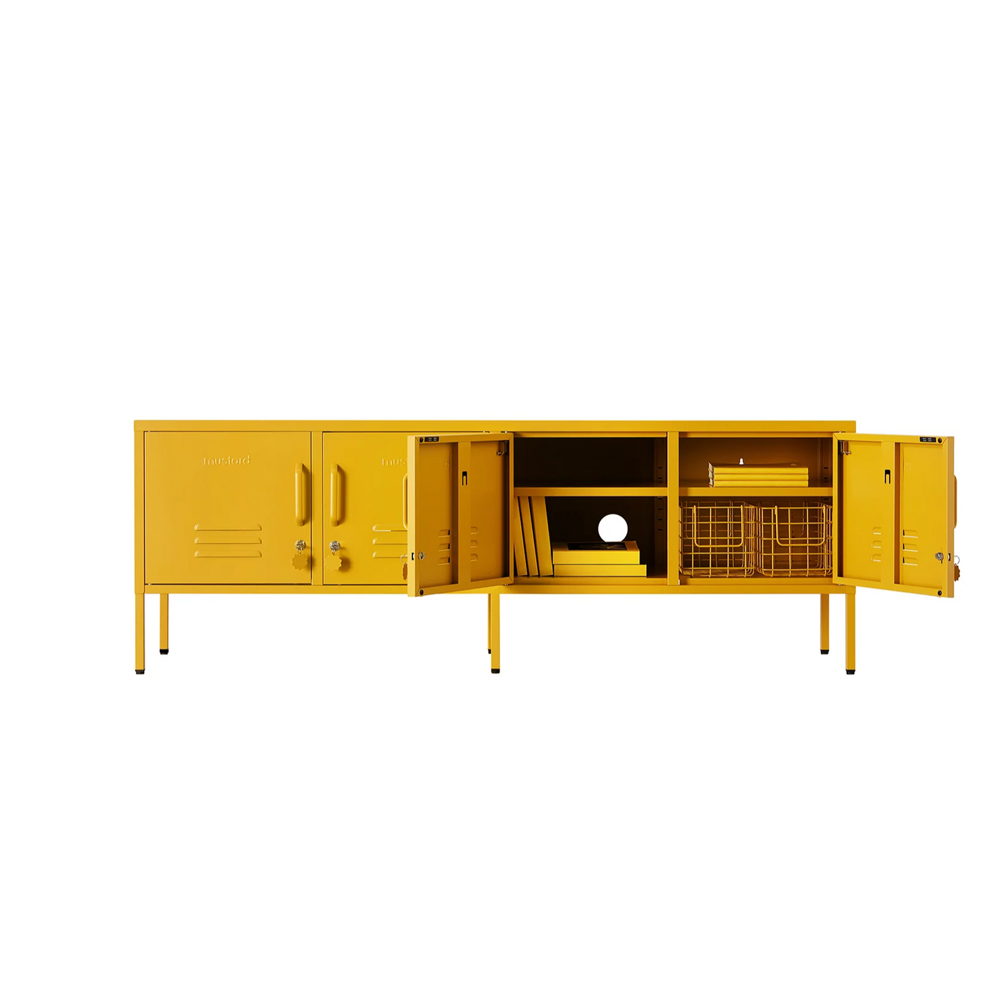 Yellow storage cabinet with open doors on a white background