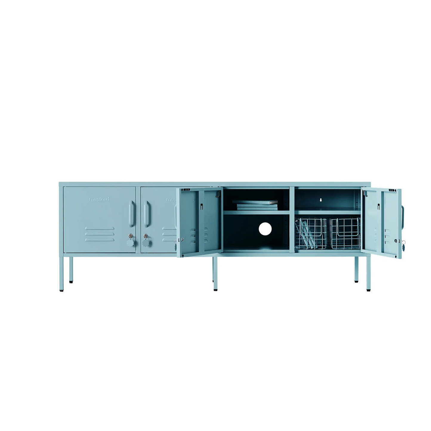 Light blue cabinet locker with open doors