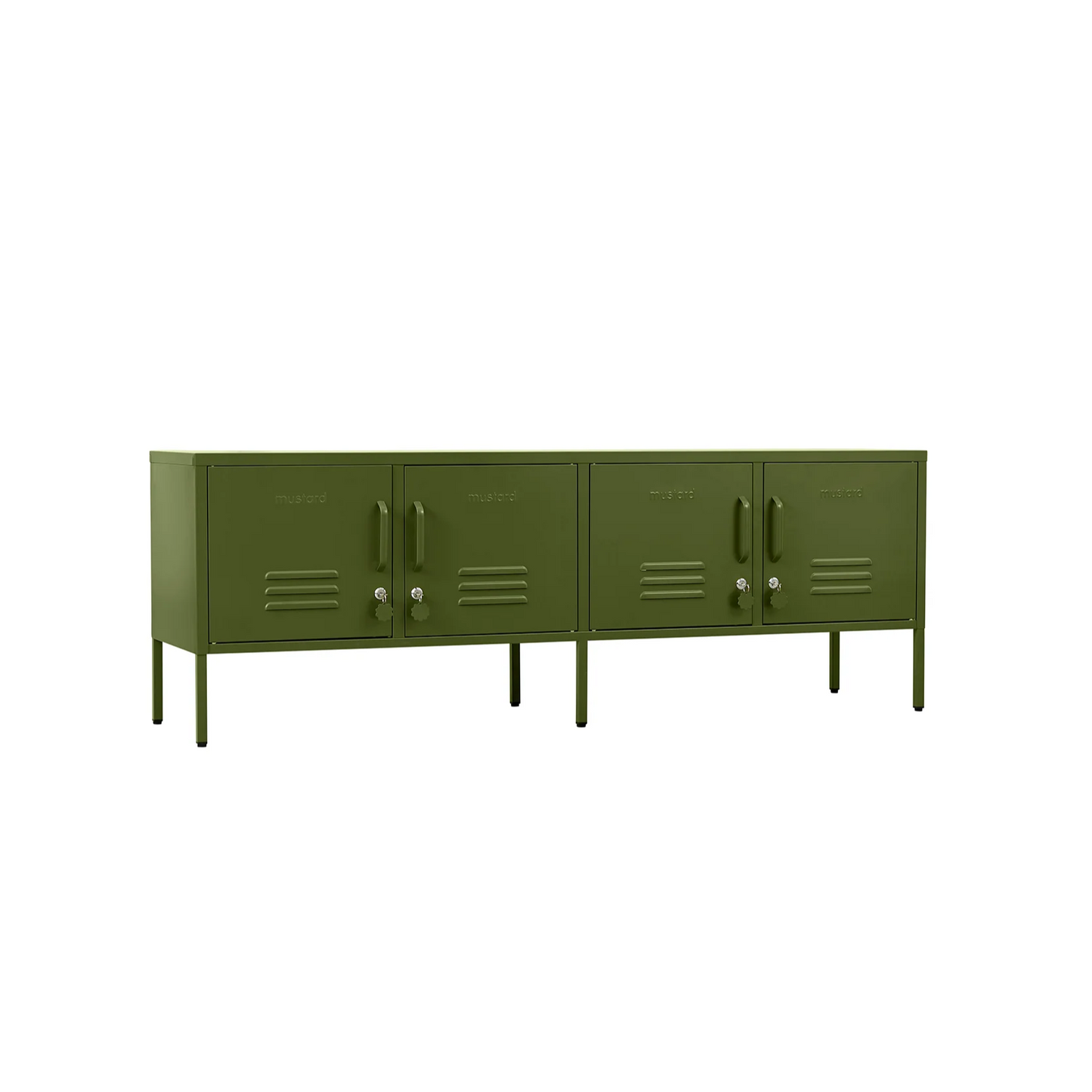 Green metal cabinet with multiple doors on a white background