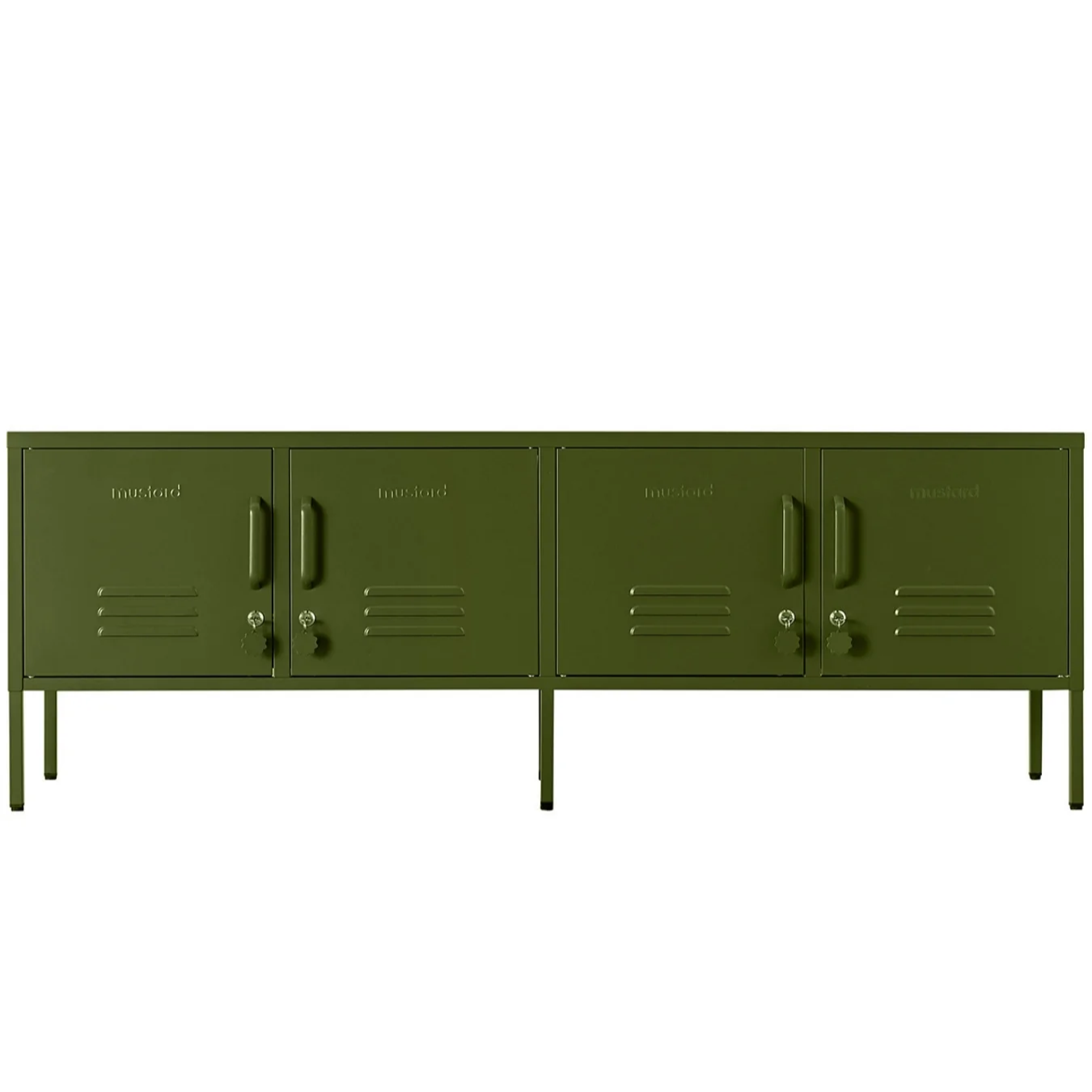 Green locker-style cabinet on a white background