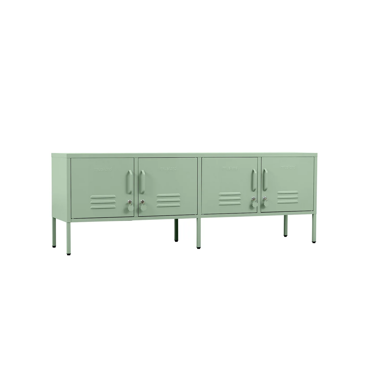 Green metal locker-style cabinet on a white background
