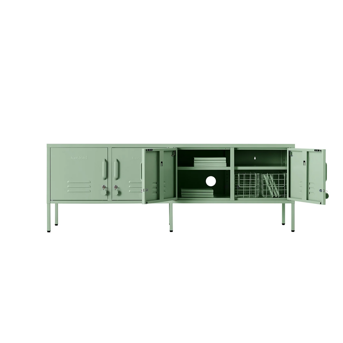 Green metal storage cabinet on a white background