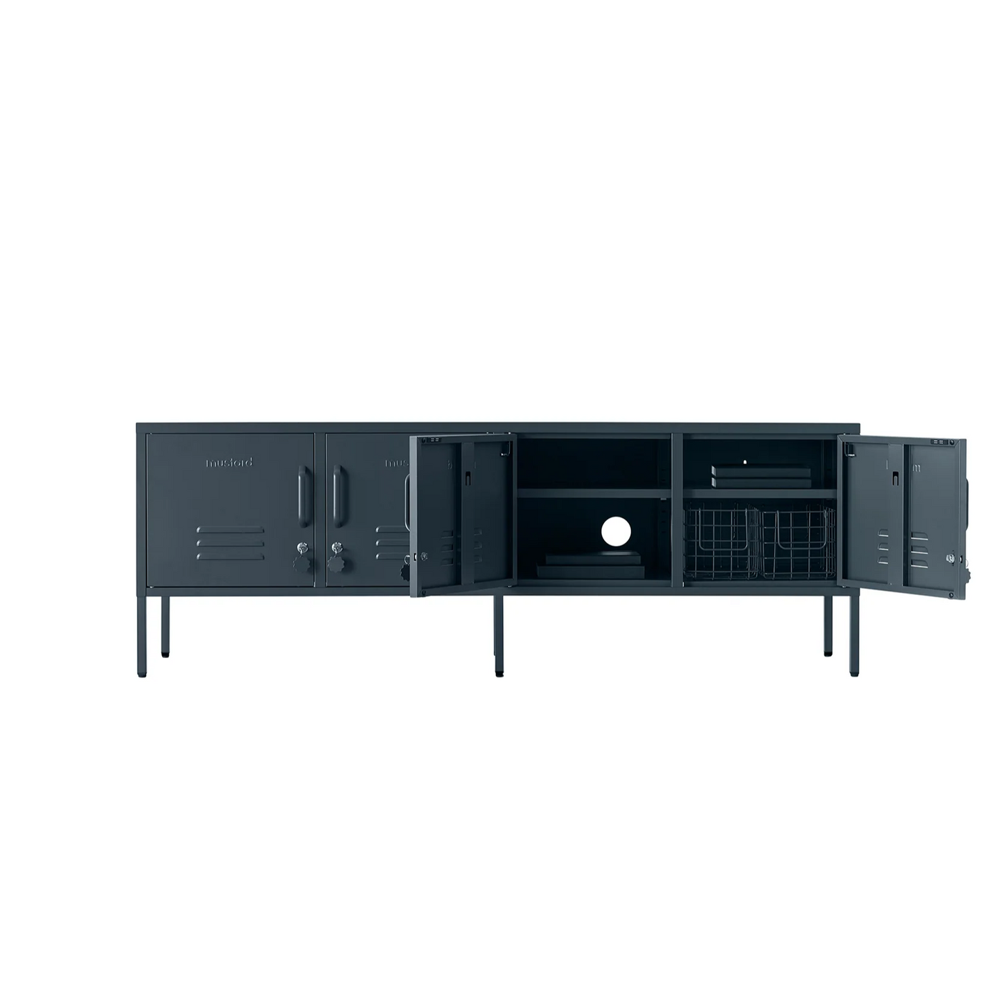Black entertainment console on a white background