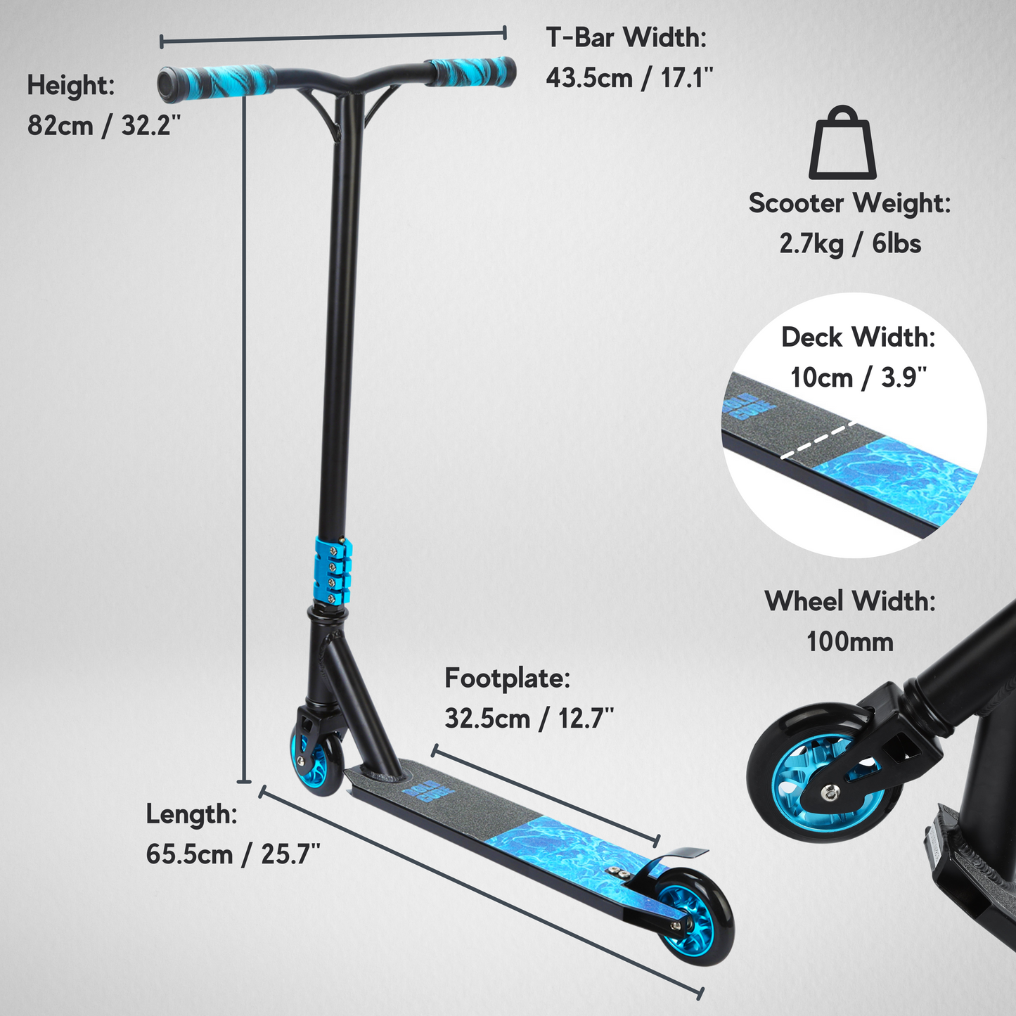 Scooter with measurements on a gray background