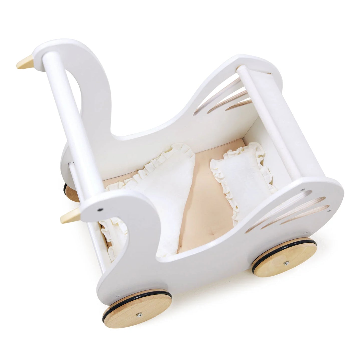 White wooden toy swan with wheels on a white background