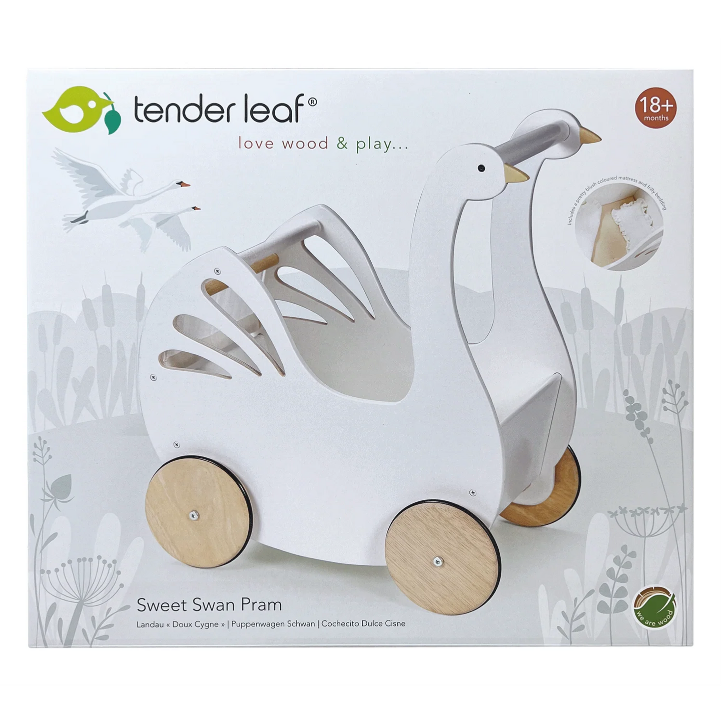 Tender Leaf Sweet Swan Pram packaging with a white swan pram on a light gray background.