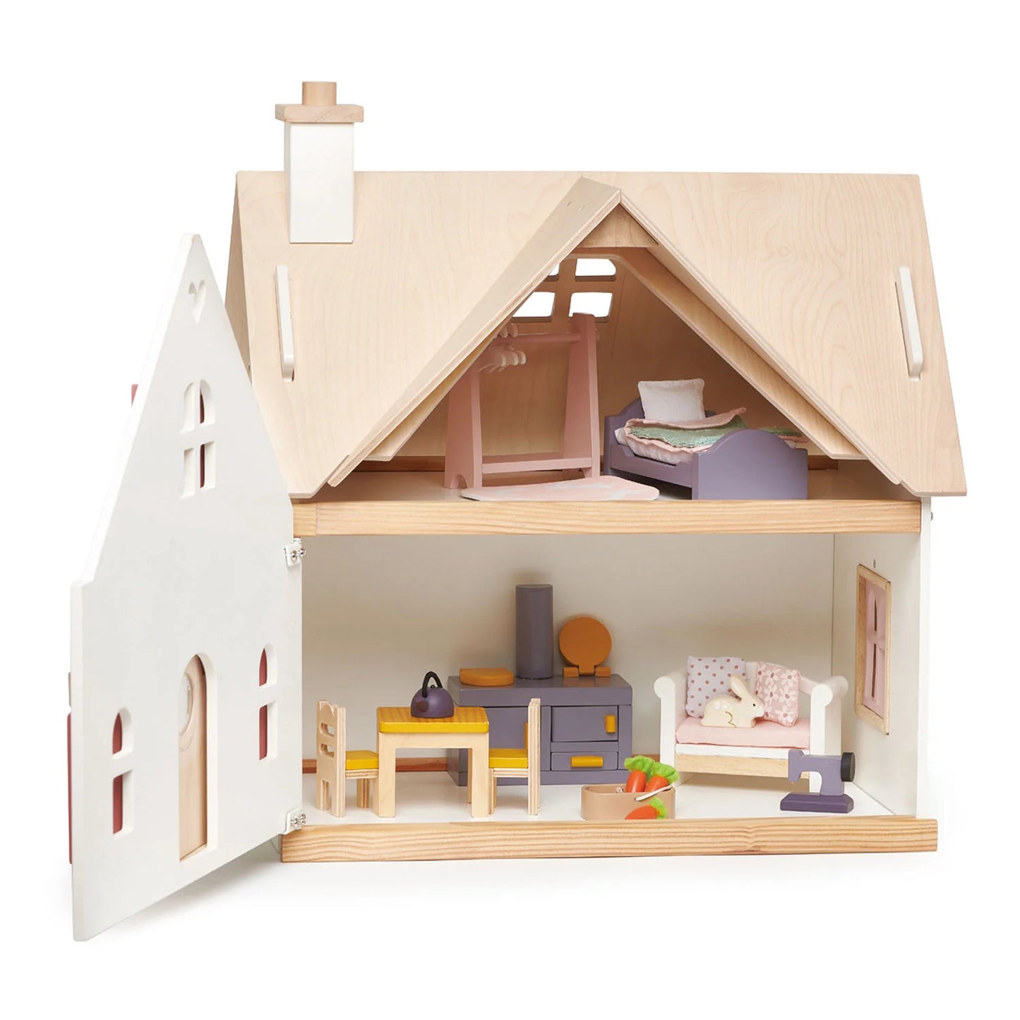 Wooden dollhouse with open door showing interior furniture on a white background