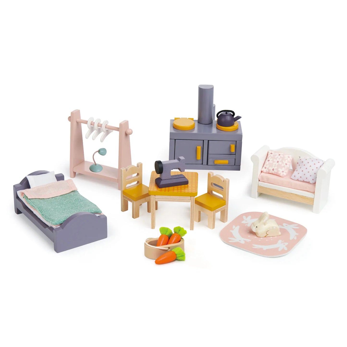 Set of wooden toy furniture including a bed, table, chairs, and other items on a white background