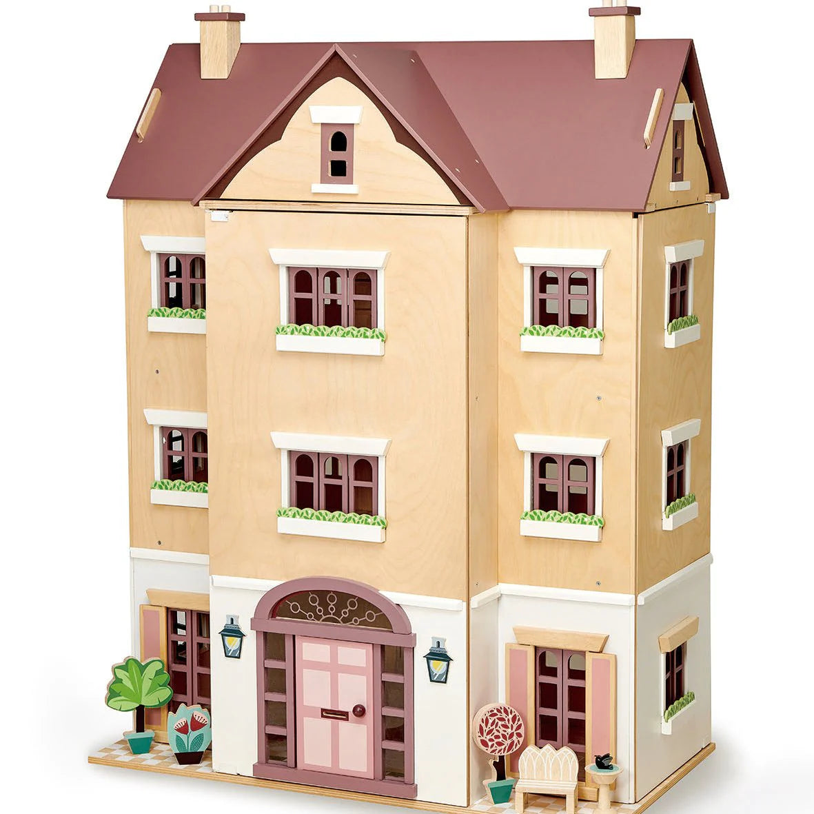 Toy dollhouse with a brown roof and beige walls on a white background