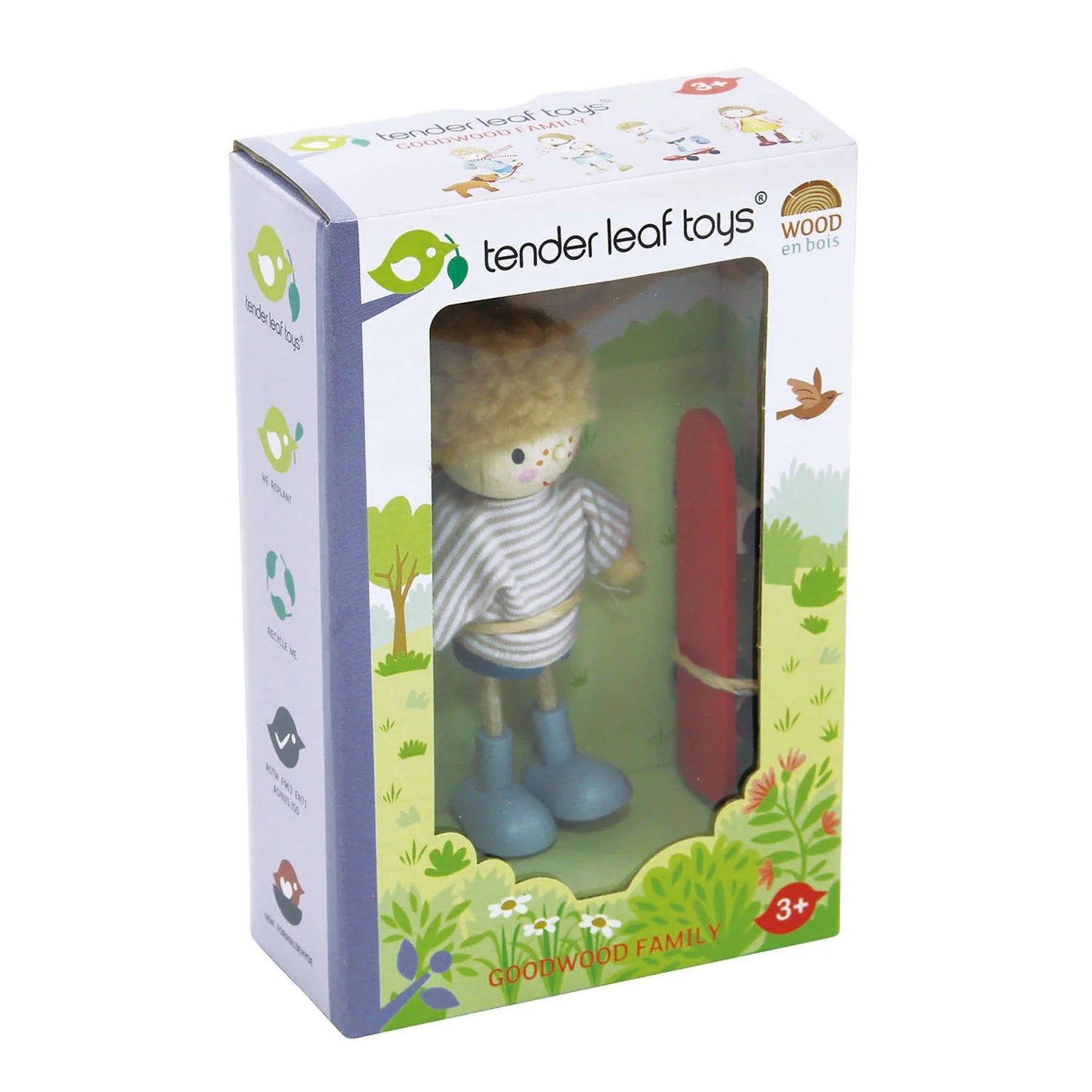 Tender Leaf Toys packaging with a toy figure of a boy in a striped shirt and rain boots, holding a red tool.
