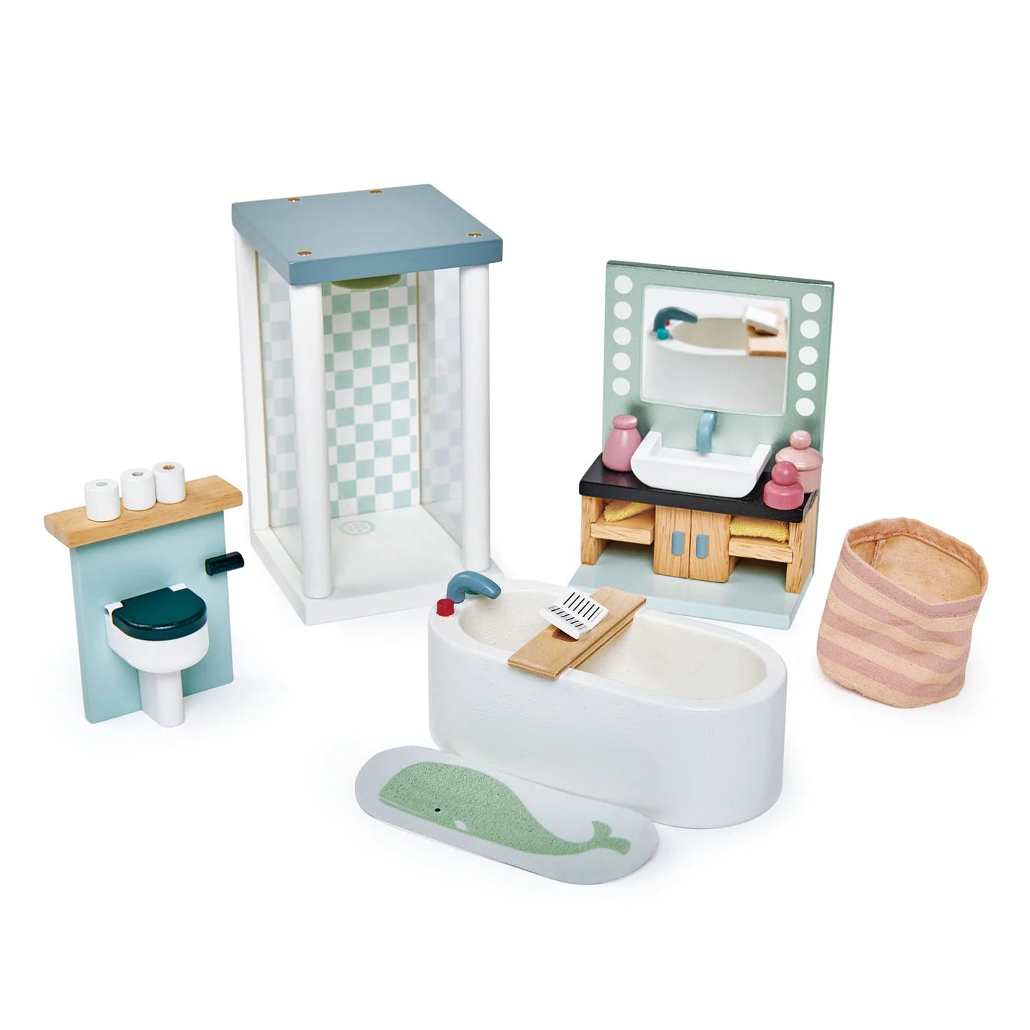 Toy bathroom set with bathtub, sink, toilet, and mirror on a white background