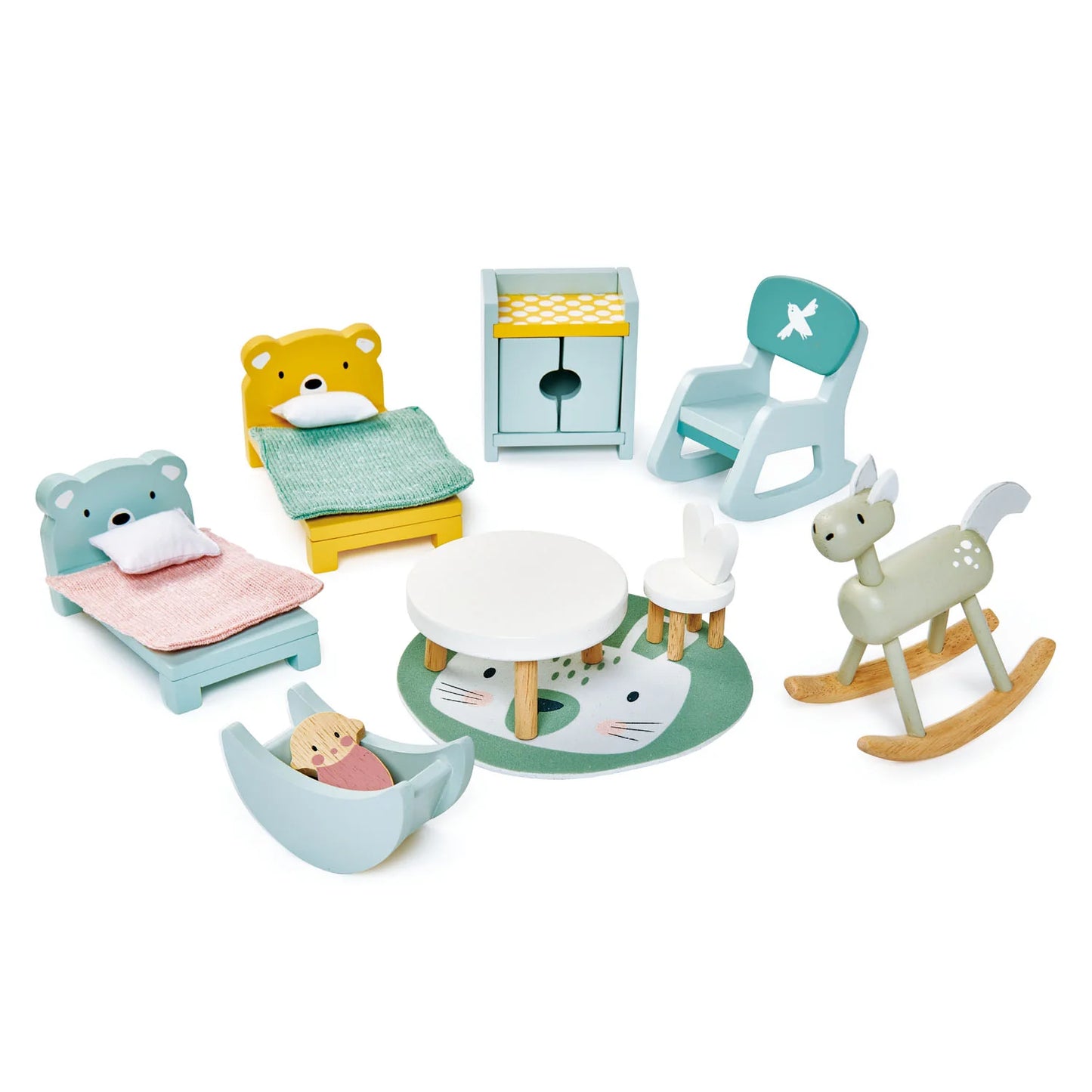 Set of wooden toys resembling furniture and animals on a white background