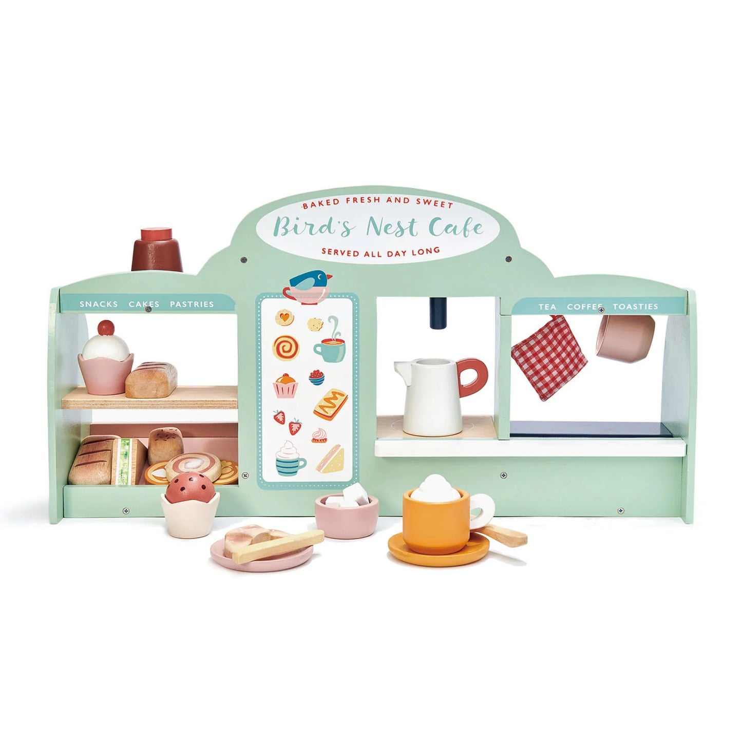 Toy cafe set with shelves and miniature food items on a white background
