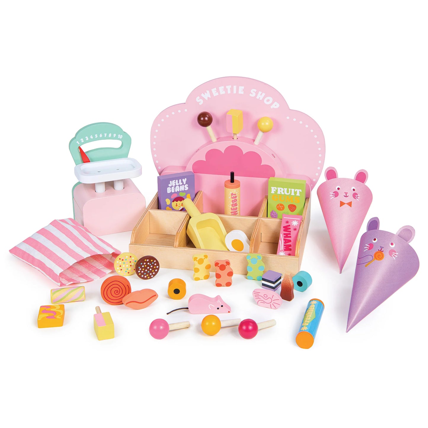 Toy sweet shop set with various items on a white background