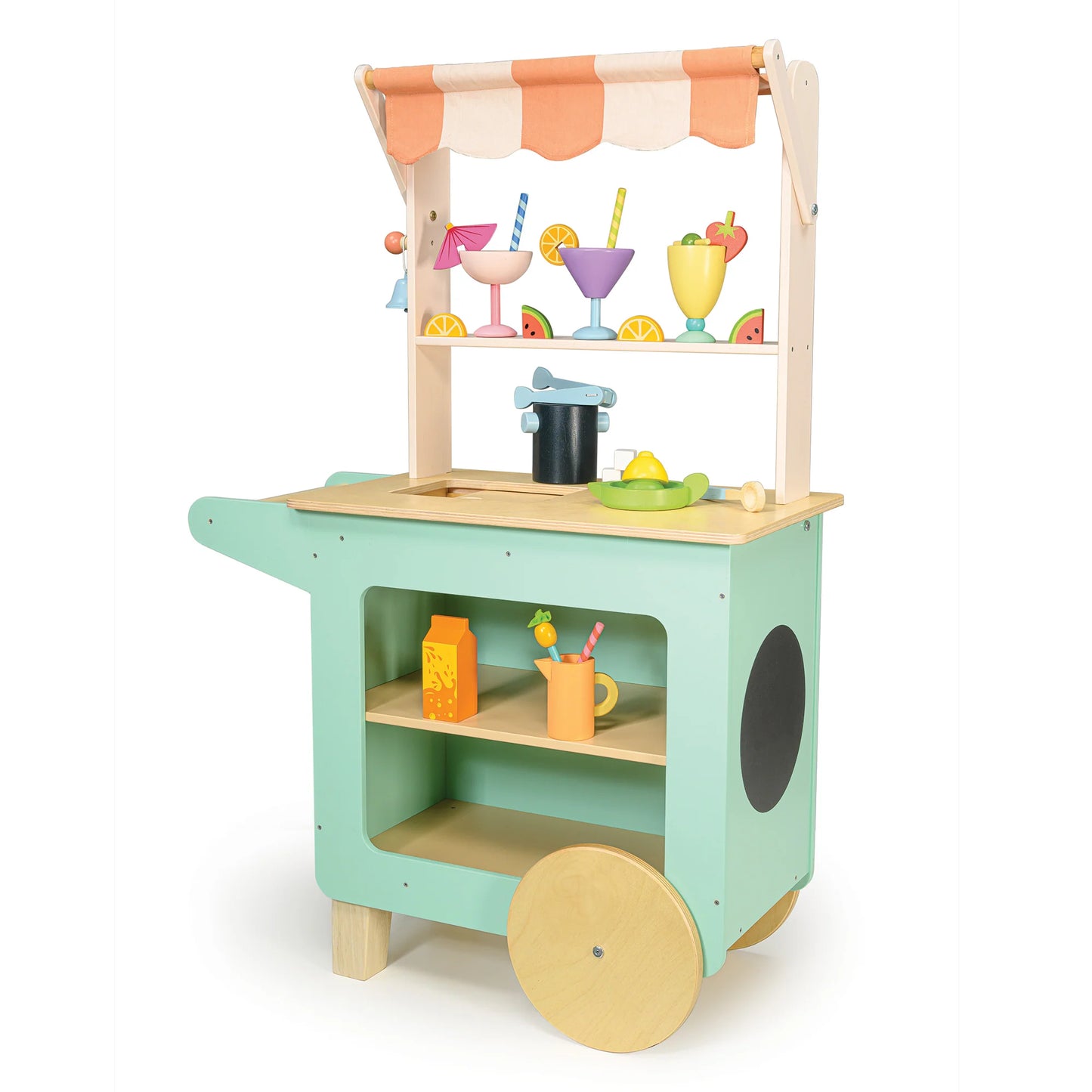 Children's wooden toy cart with a striped canopy, shelves, and drink accessories on a white background.