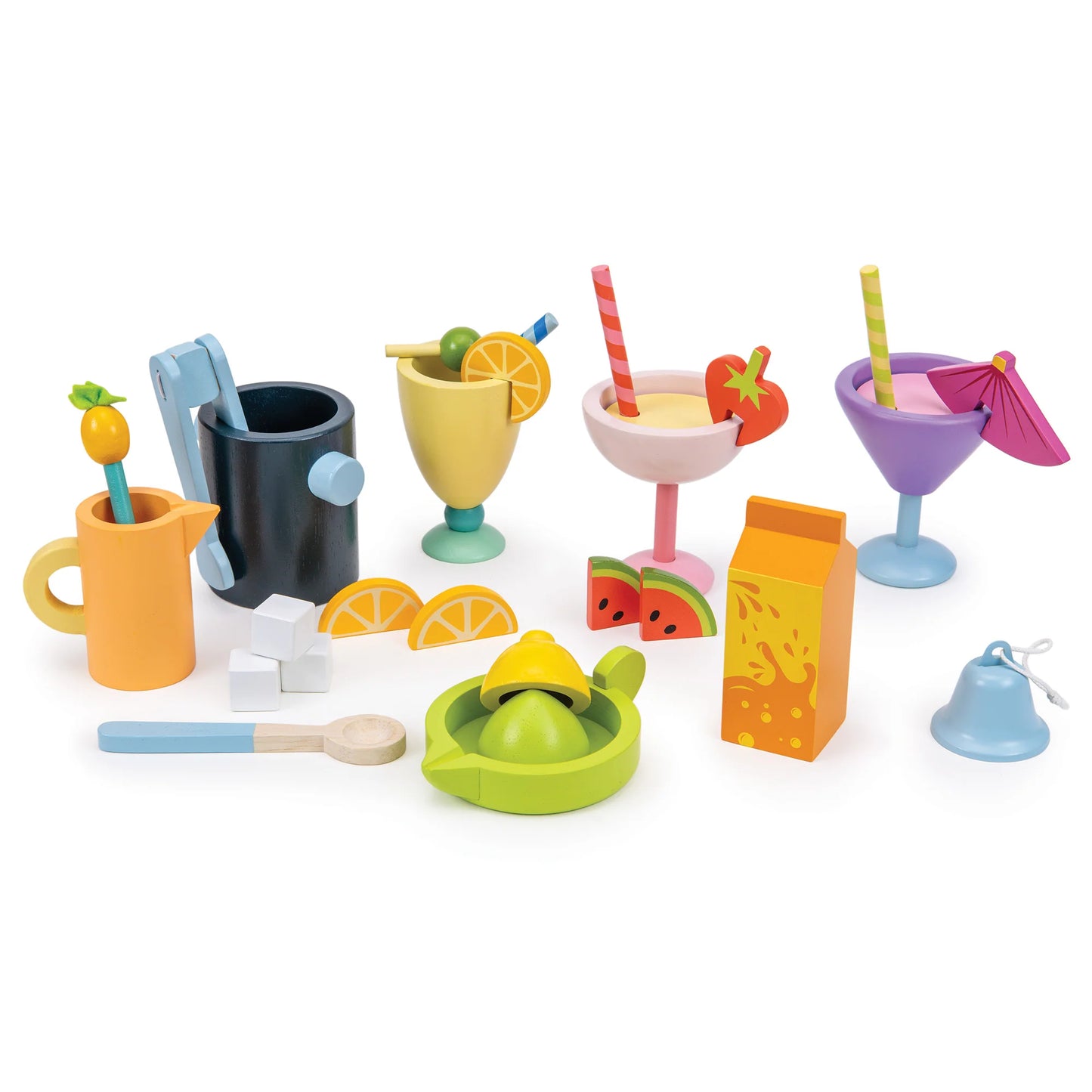 Colorful toy drink set with cups, straws, and fruit on a white background