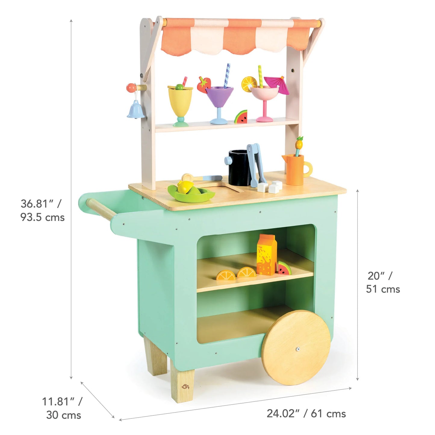 Children's play kitchen set with dimensions displayed