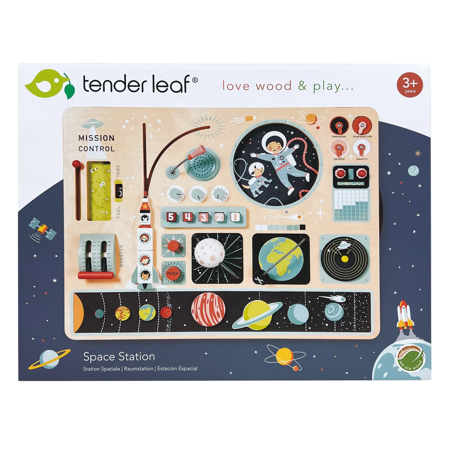 Tender Leaf Space Station toy set packaging with space-themed design