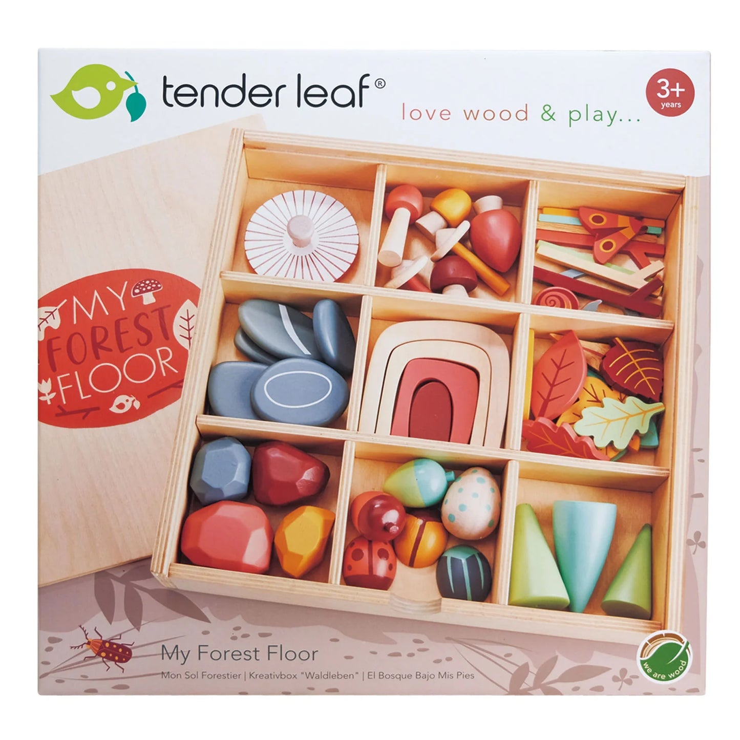 Tender Leaf wooden toy set packaging with colorful forest-themed toys.