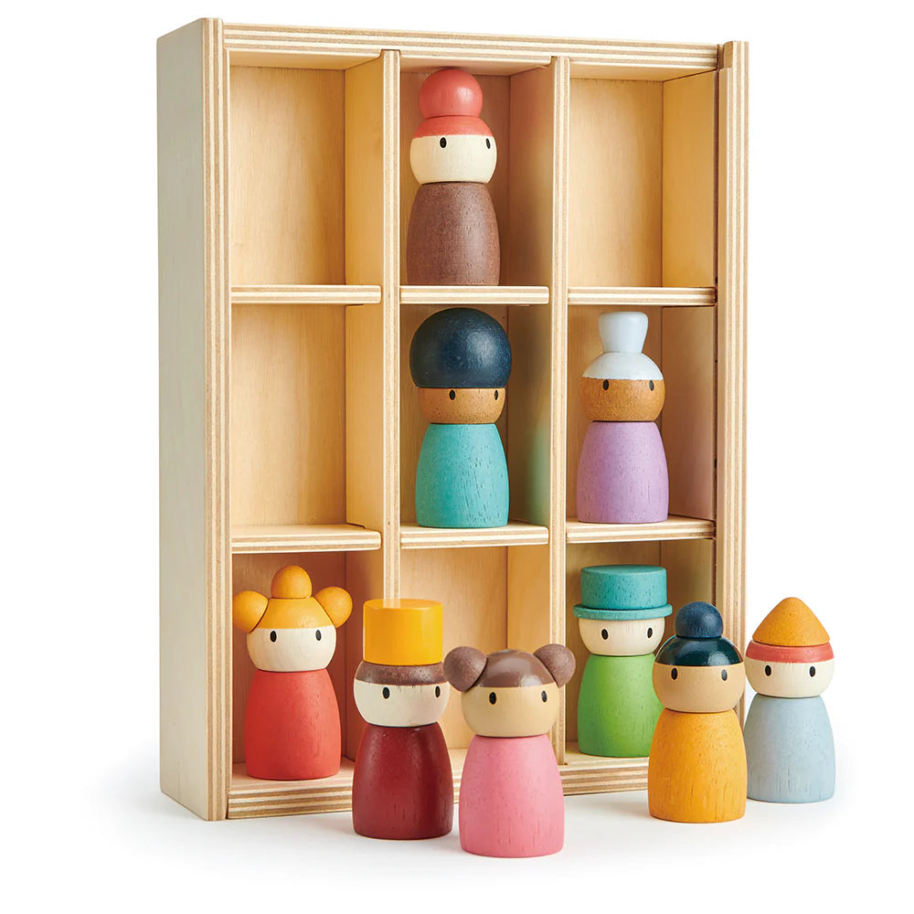 Set of colorful wooden peg dolls in a display case on a white background