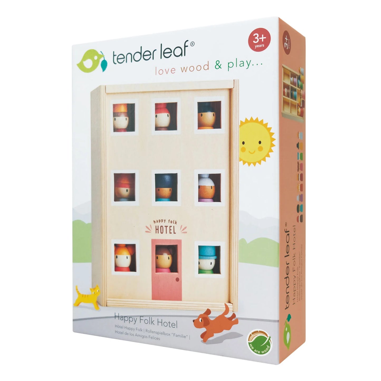 Tender Leaf wooden toy packaging for 'Happy Folk Hotel' on a white background