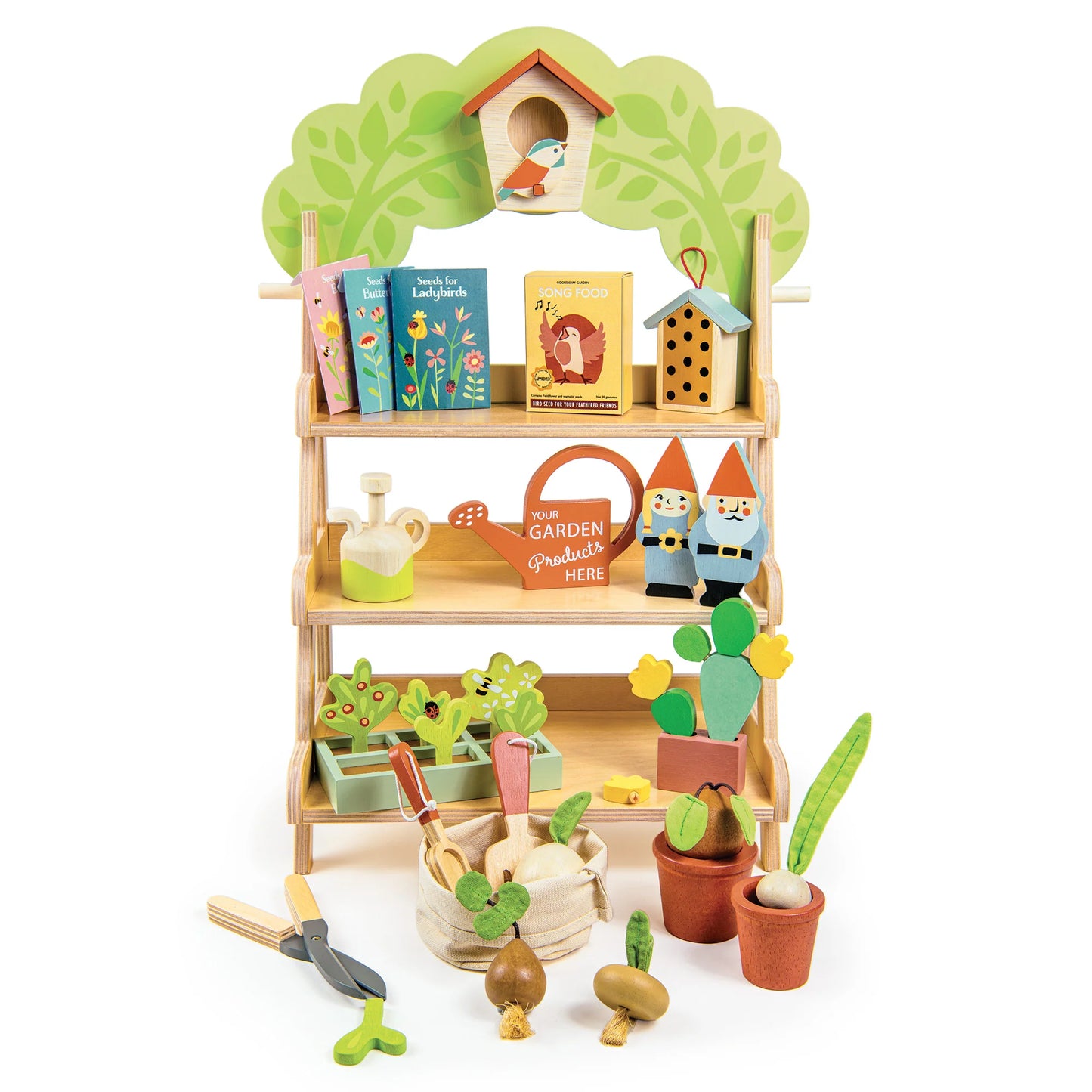 Toy garden set with shelves, books, plants, and tools on a white background