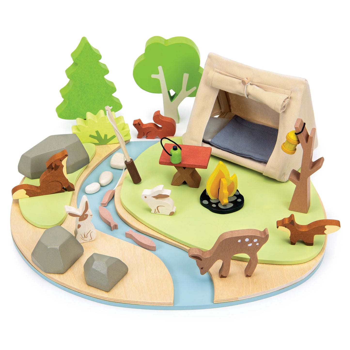 Wooden playset with a campsite, trees, animals, and a tent on a white background