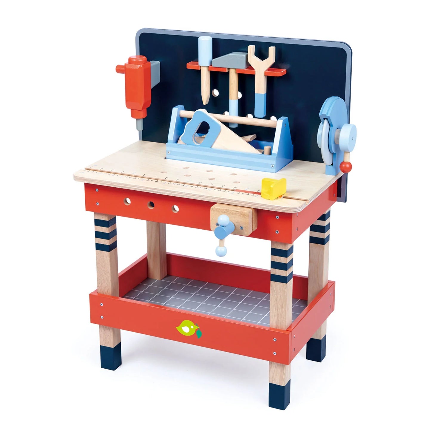 Children's toy workbench with various tools on a white background